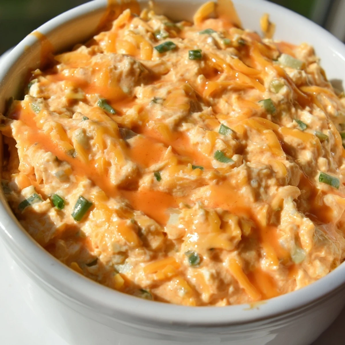 Creamy buffalo pickle dip in a serving bowl surrounded by crunchy chips and fresh veggie sticks for dipping