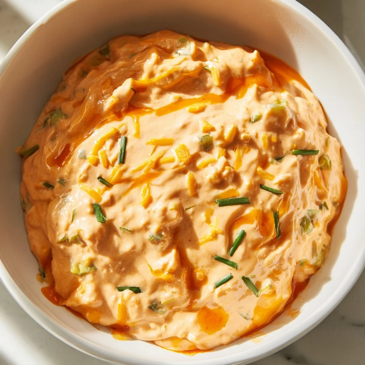 Tangy buffalo pickle dip topped with chopped chives and pickle slices ready for game day snacking