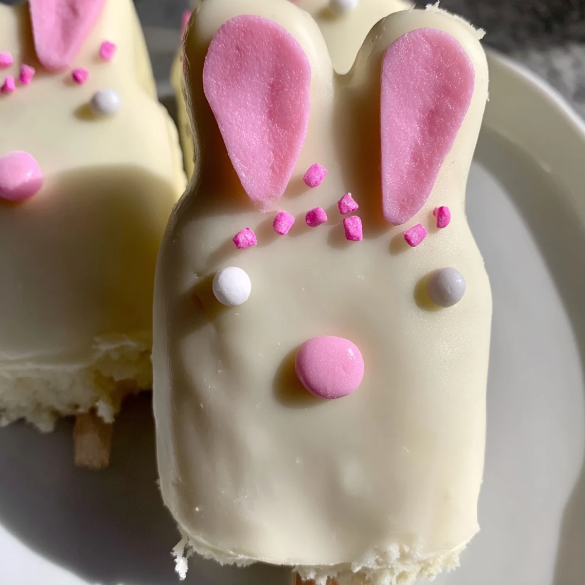Adorable white chocolate bunny cakesicles with candy eyes and pink ears on a parchment-lined tray