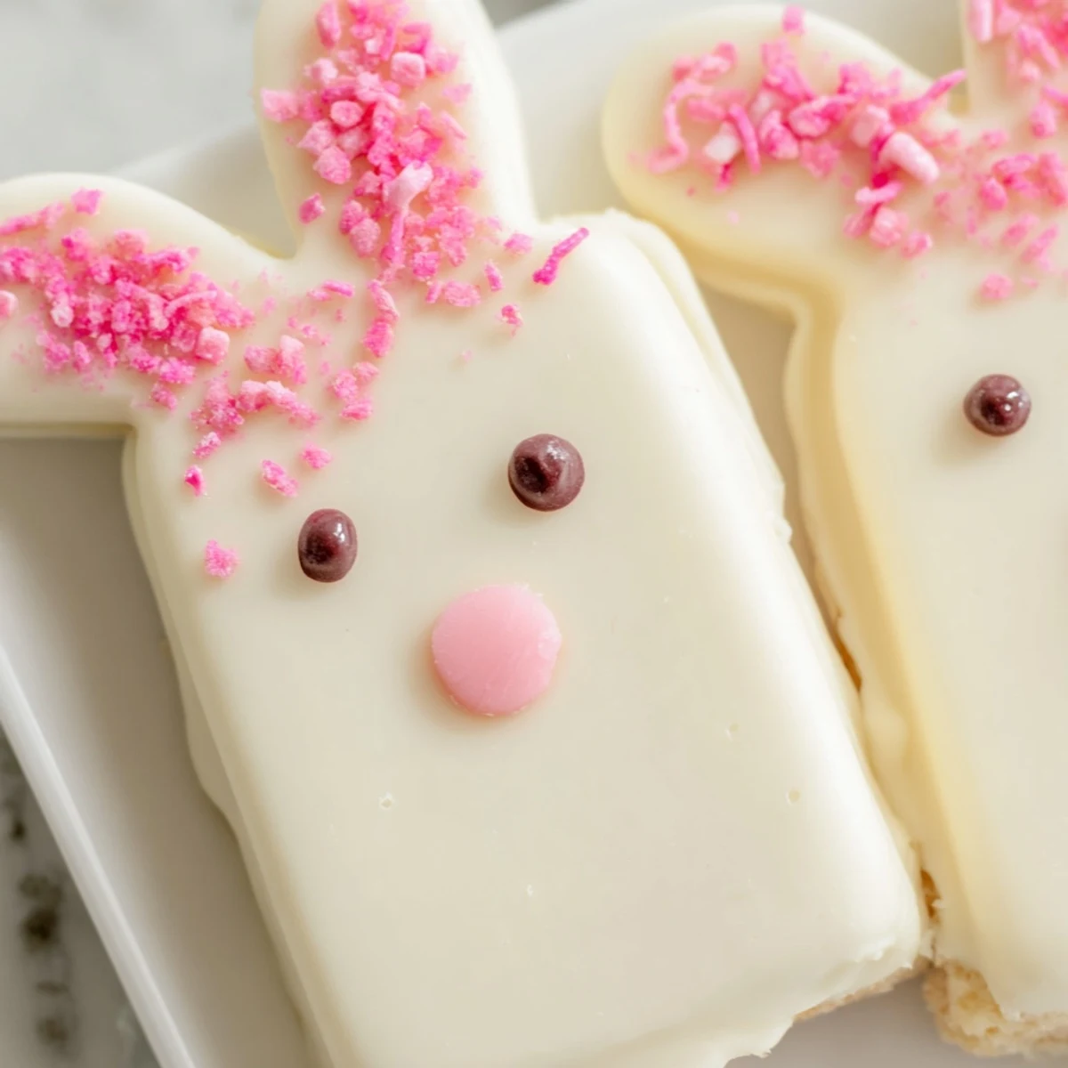 Creamy white chocolate bunny cakesicles decorated with sprinkles and fondant ears for Easter celebrations