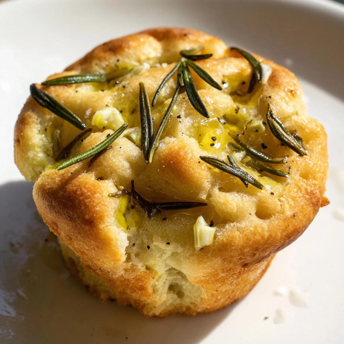 Golden garlic rosemary focaccia muffins fresh from the oven with crispy, herb-flecked tops