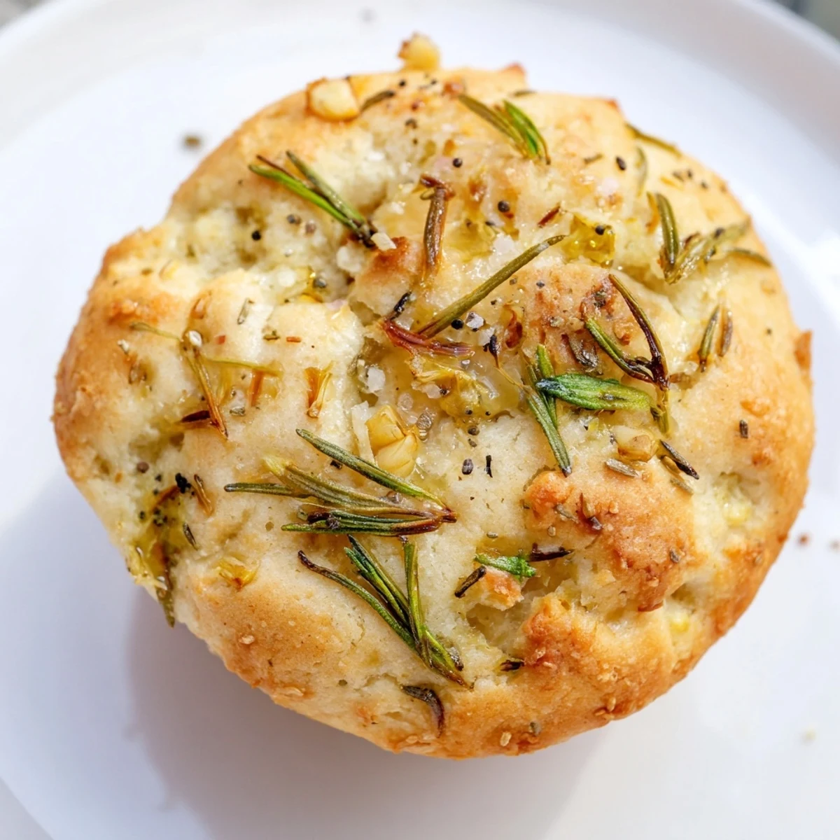 Warm garlic rosemary focaccia muffins drizzled with olive oil in a rustic muffin tin