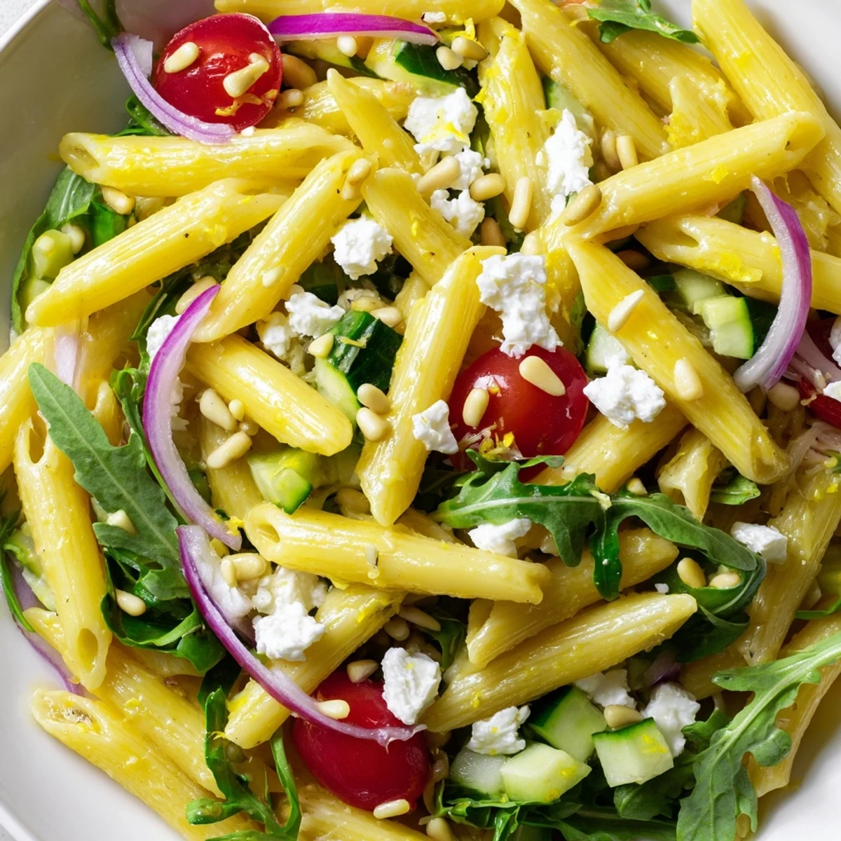 Quick lemon arugula pasta salad topped with crumbled feta and toasted pine nuts