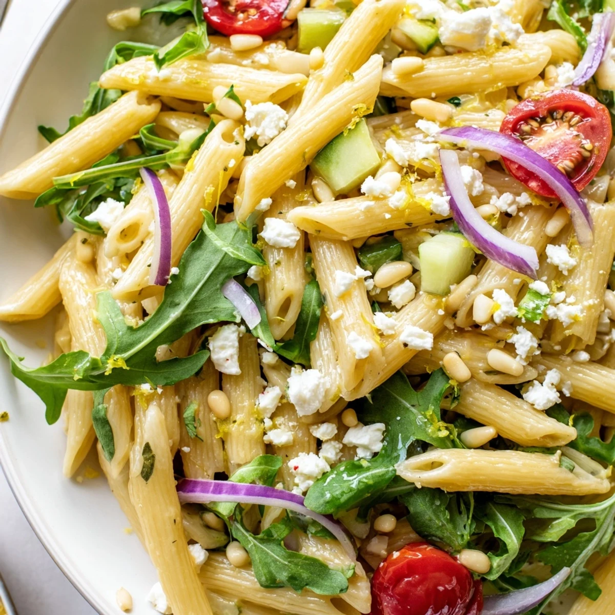 Zesty quick lemon arugula pasta salad with vibrant cherry tomatoes in a tangy vinaigrette