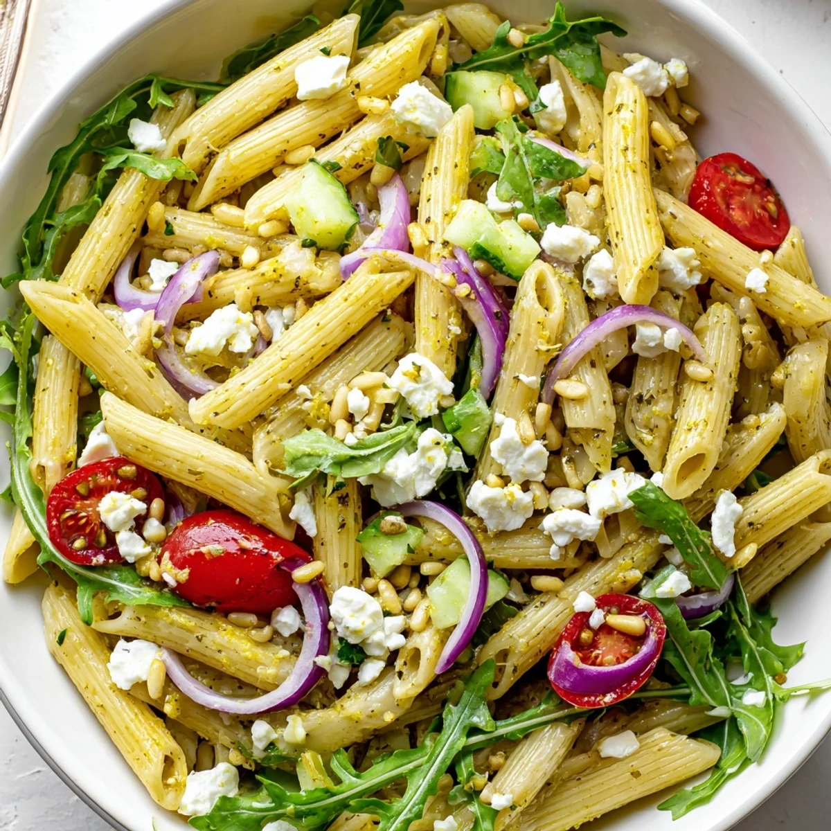 Fresh quick lemon arugula pasta salad served in a white bowl with bright garnishes