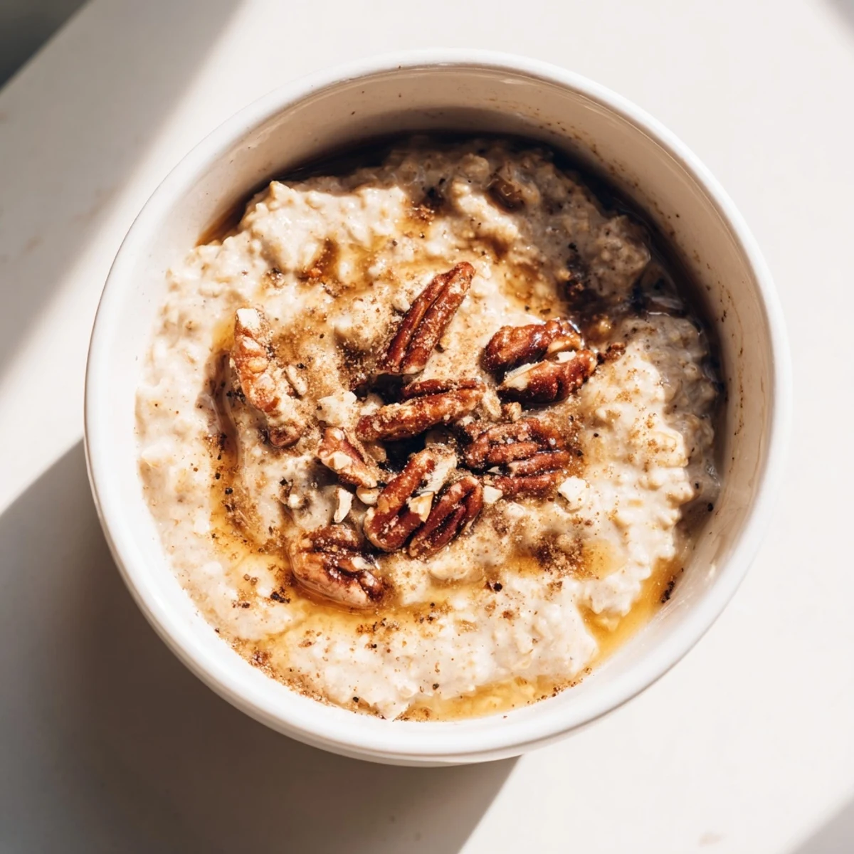Creamy maple cinnamon pecan overnight oats served in a mason jar with crunchy pecan topping