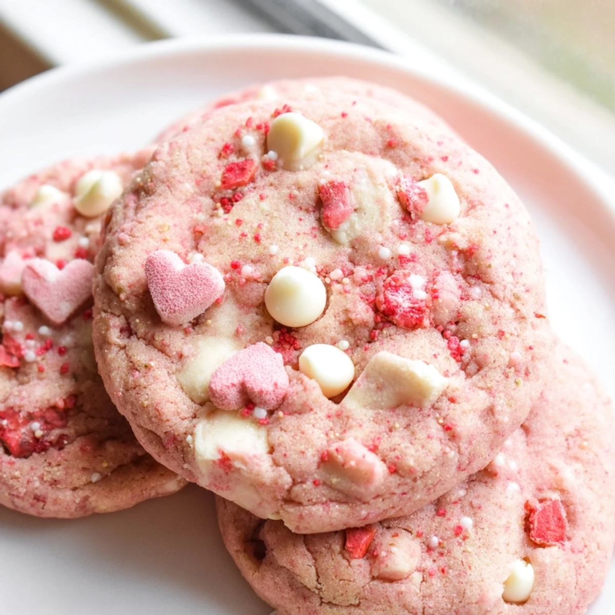Soft pink Valentine Strawberry Cookies with white chocolate chips on a rustic baking sheet