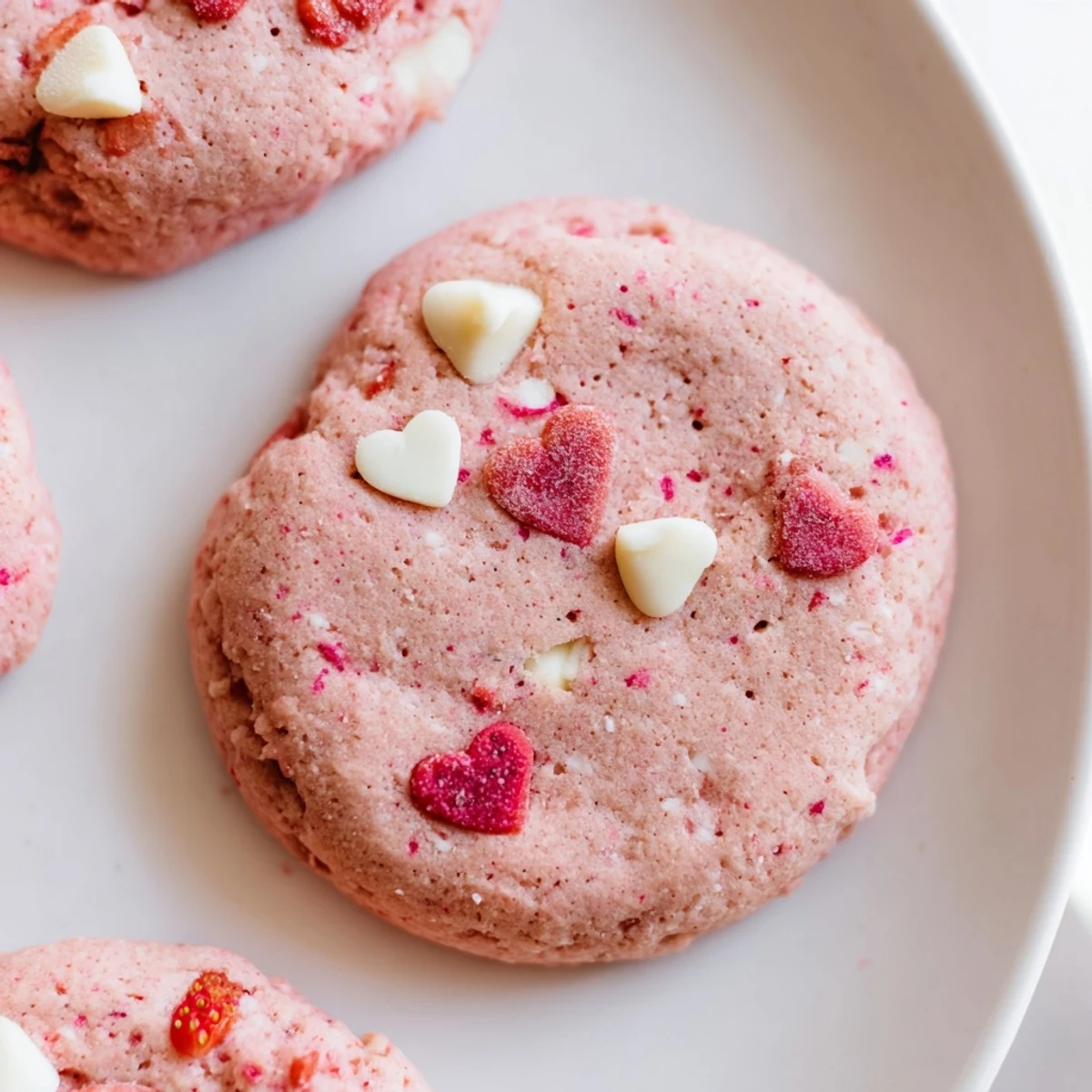 Chewy Valentine Strawberry Cookies topped with heart sprinkles arranged on a decorative plate