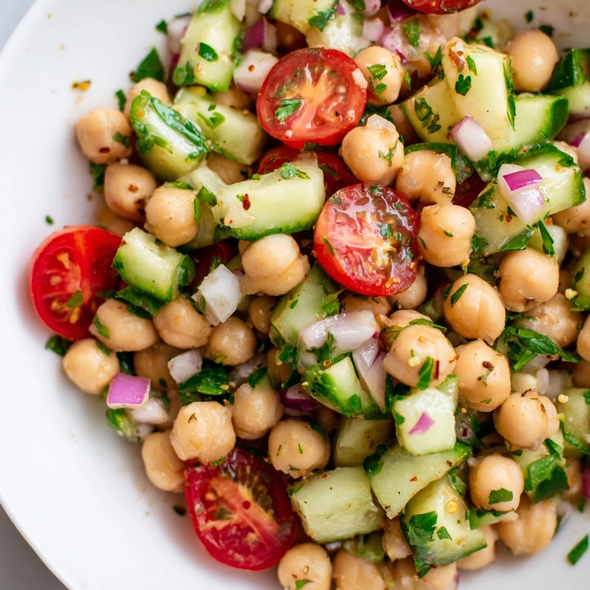 Chickpea cucumber salad in a white bowl with cherry tomatoes and fresh parsley