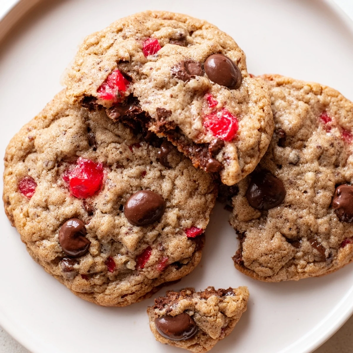 Soft, chewy Maraschino Cherry Chocolate Chip Cookies with golden edges on a rustic baking sheet.