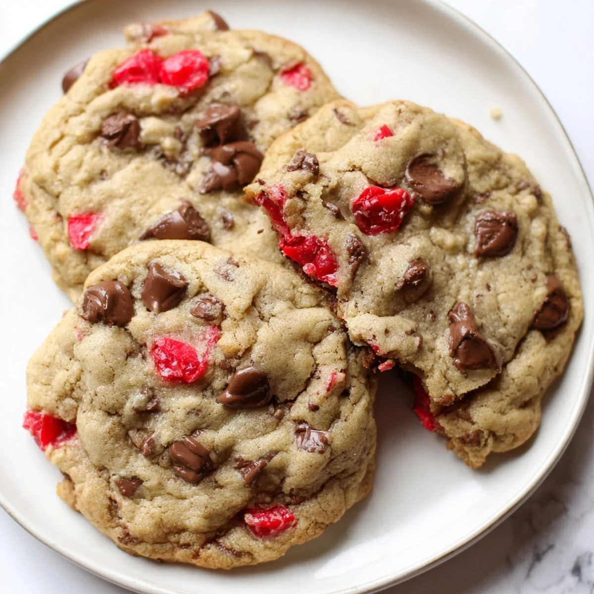 Bright red cherry pieces and melted chocolate fleck every thick Maraschino Cherry Chocolate Chip Cookie.