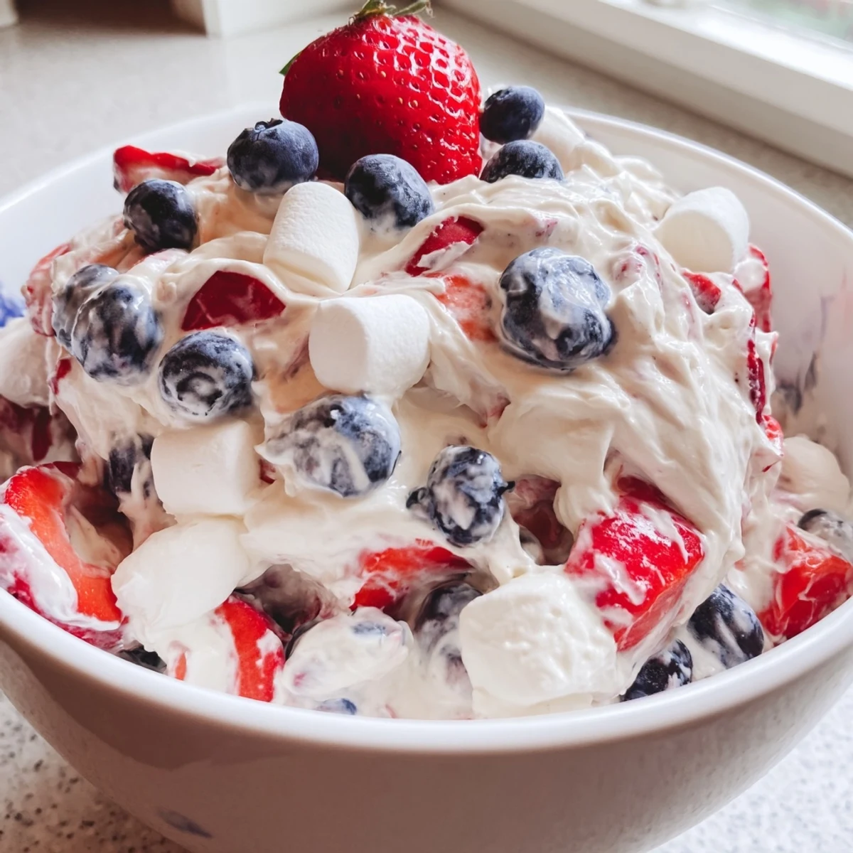 Creamy red white blue cheesecake salad loaded with fresh berries and marshmallows