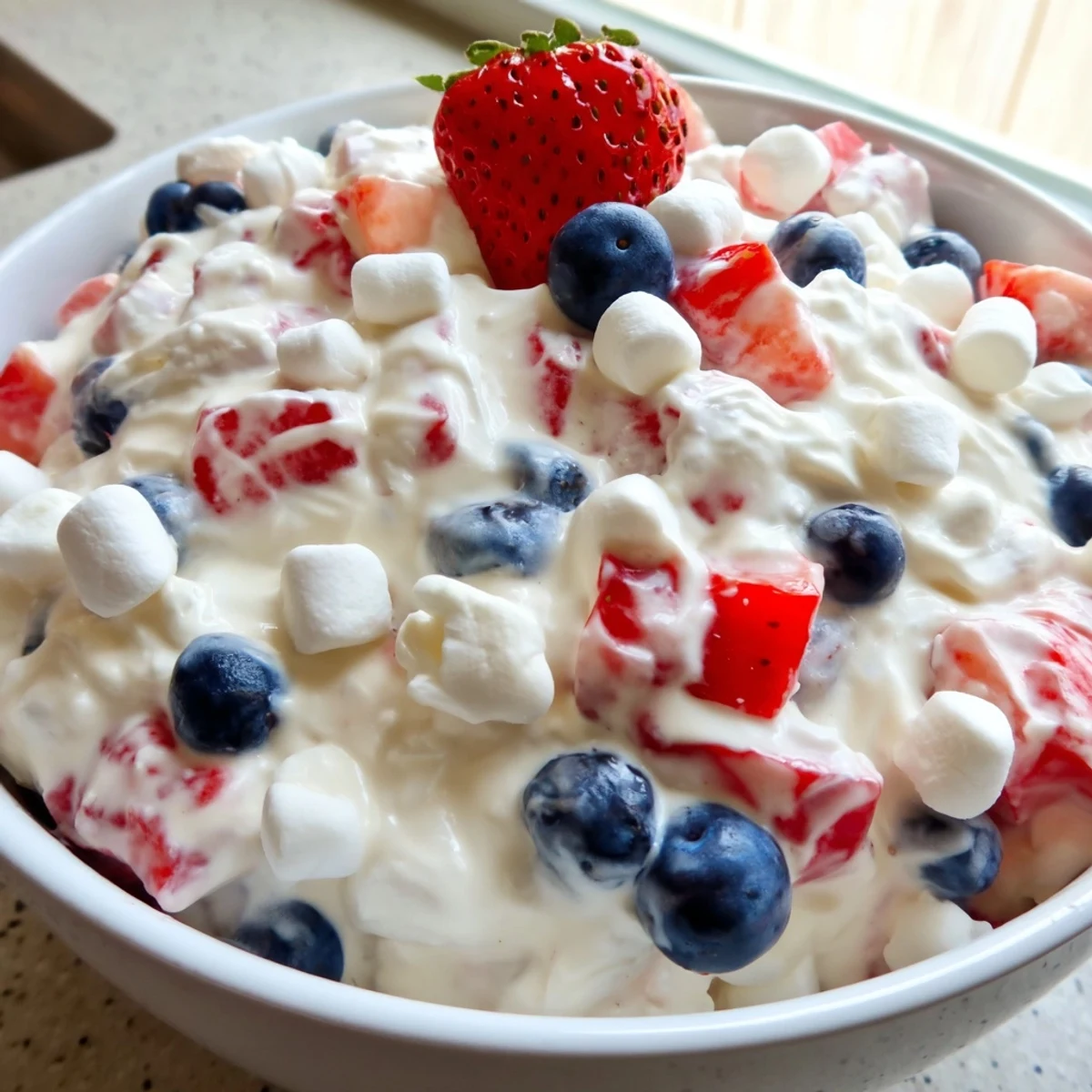 Vibrant red white blue cheesecake salad scooped into individual dessert cups