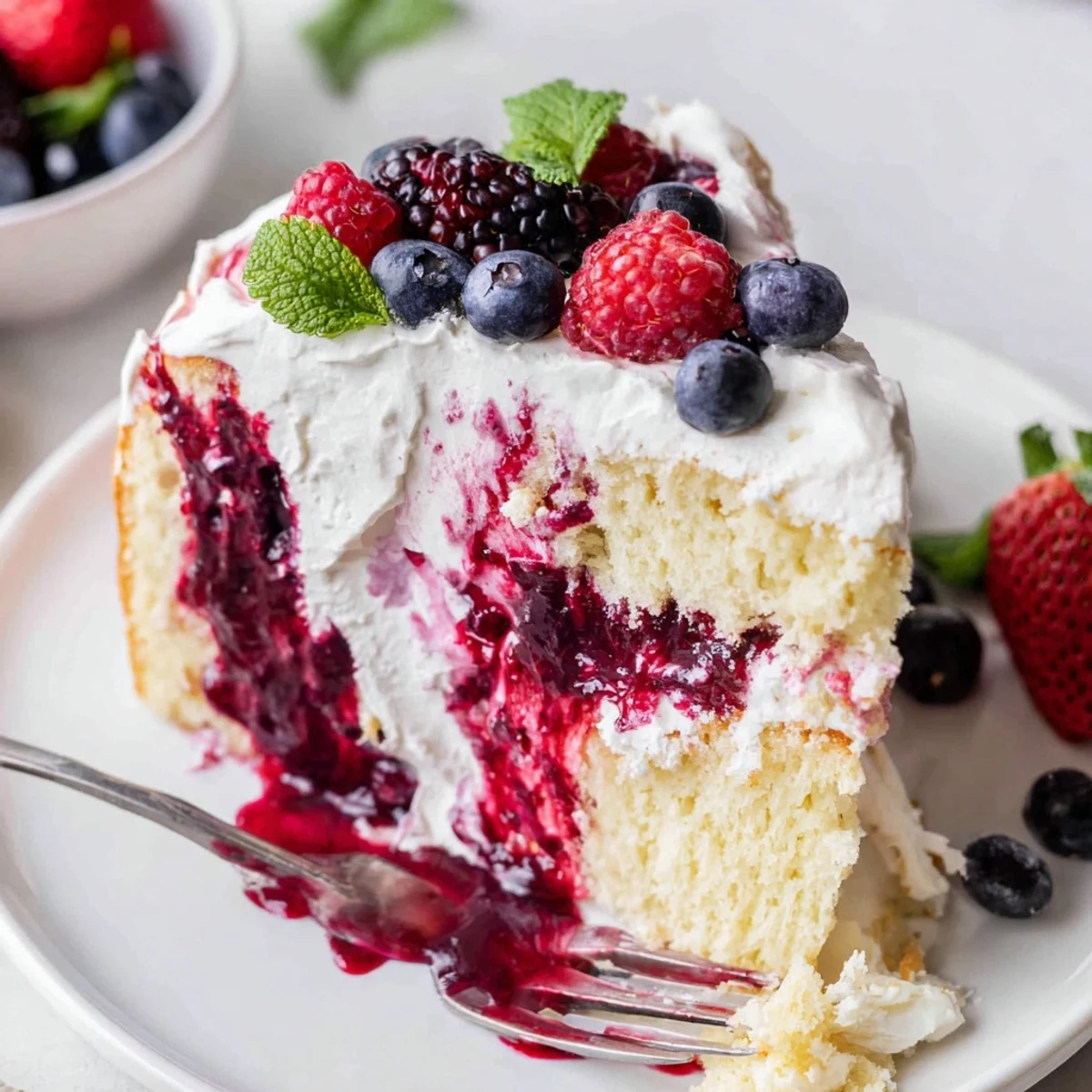 A slice of Summer Berry Poke Cake topped with fresh whipped cream and mixed berries