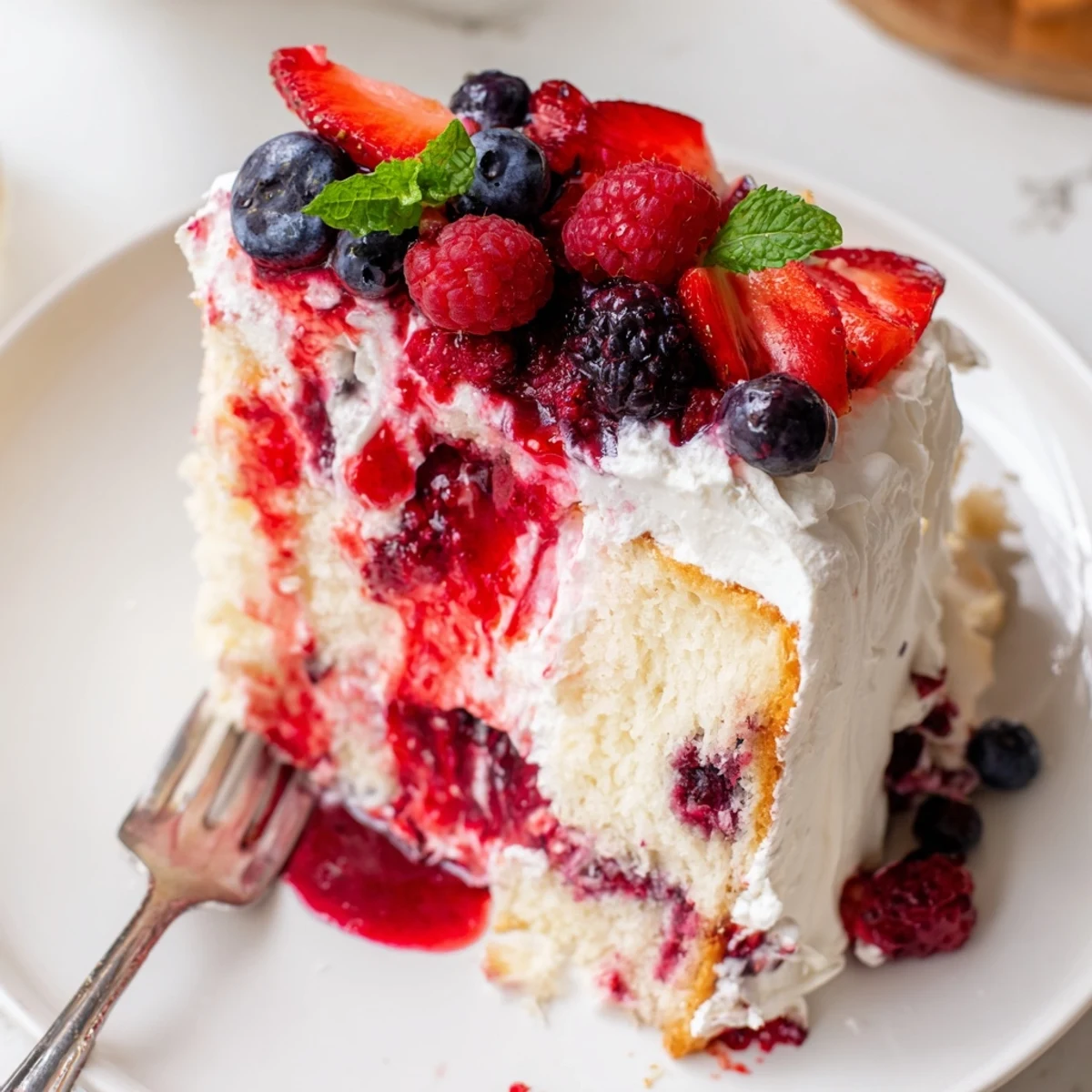 Close-up of Summer Berry Poke Cake showing berry-filled holes beneath a fluffy cream topping