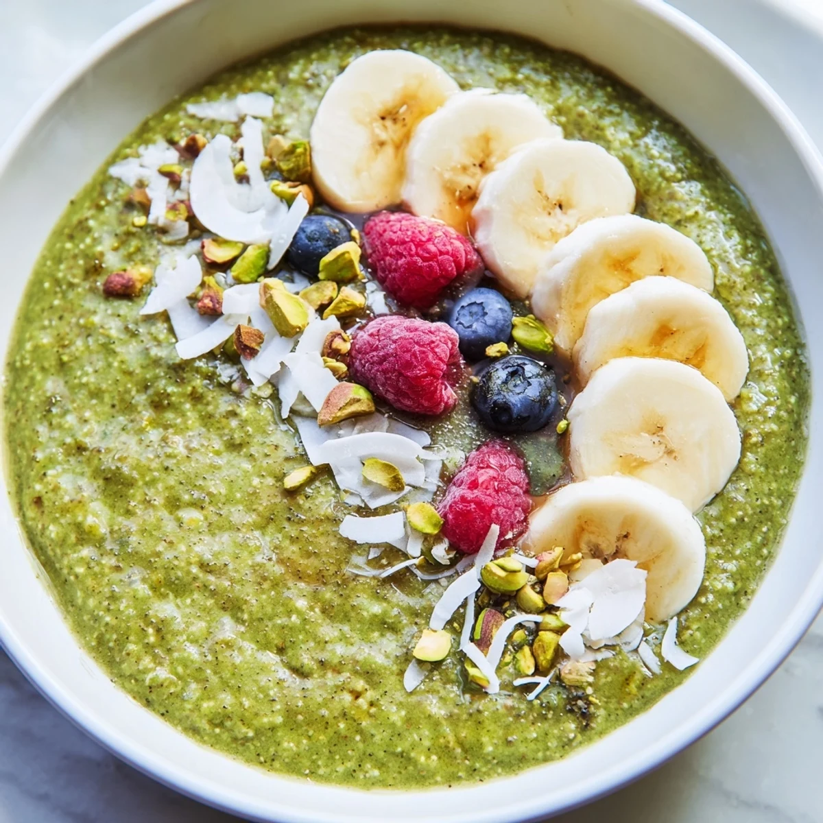 Creamy matcha overnight oats topped with fresh berries and toasted coconut flakes