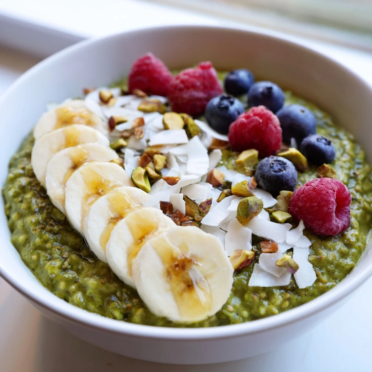 Thick and luscious matcha overnight oats served with sliced banana and pistachios