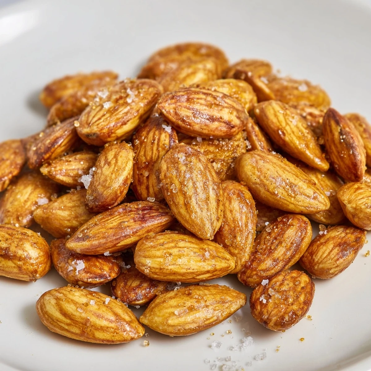 Golden roasted almonds sprinkled with sea salt in a rustic ceramic bowl