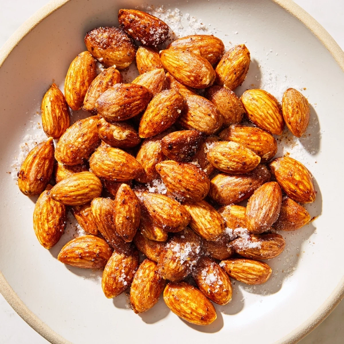 Warm roasted almonds glistening with olive oil on a parchment-lined baking sheet