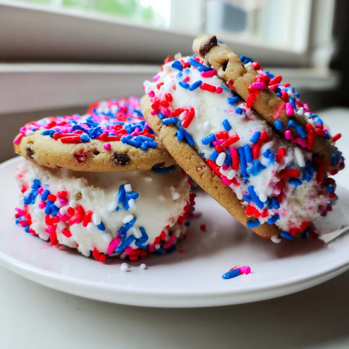 Festive Patriotic Mini Ice Cream Sandwiches coated in red, white, and blue sprinkles