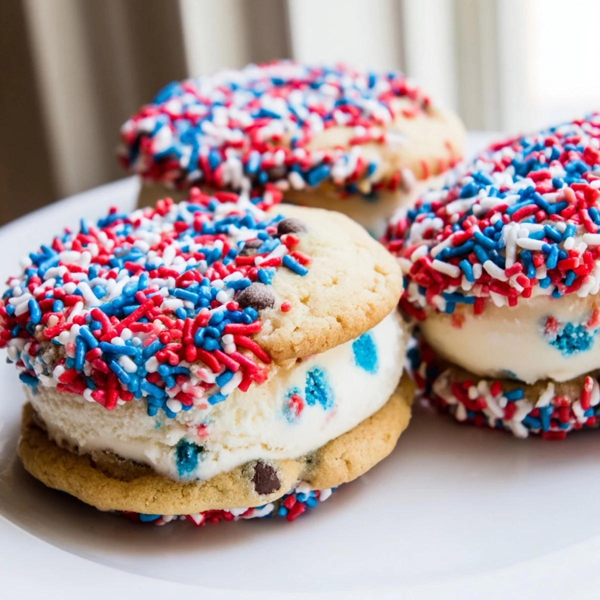 Colorful Patriotic Mini Ice Cream Sandwiches sandwiched between chocolate chip cookies and bright sprinkles