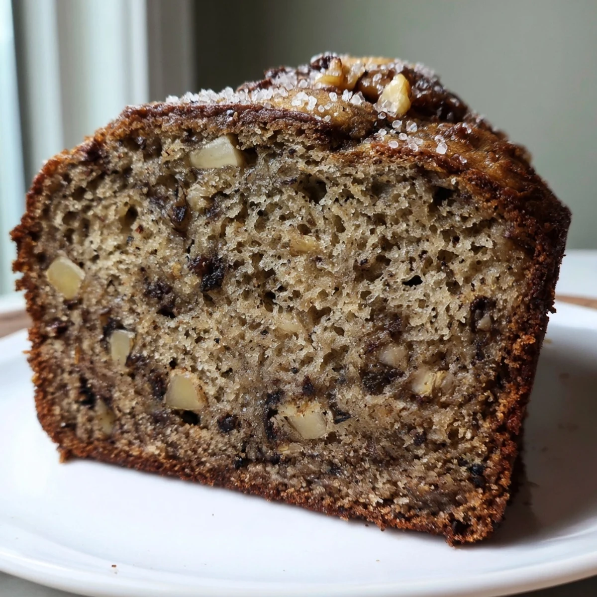 Warm super moist banana bread loaf fresh from oven with cracked golden brown top