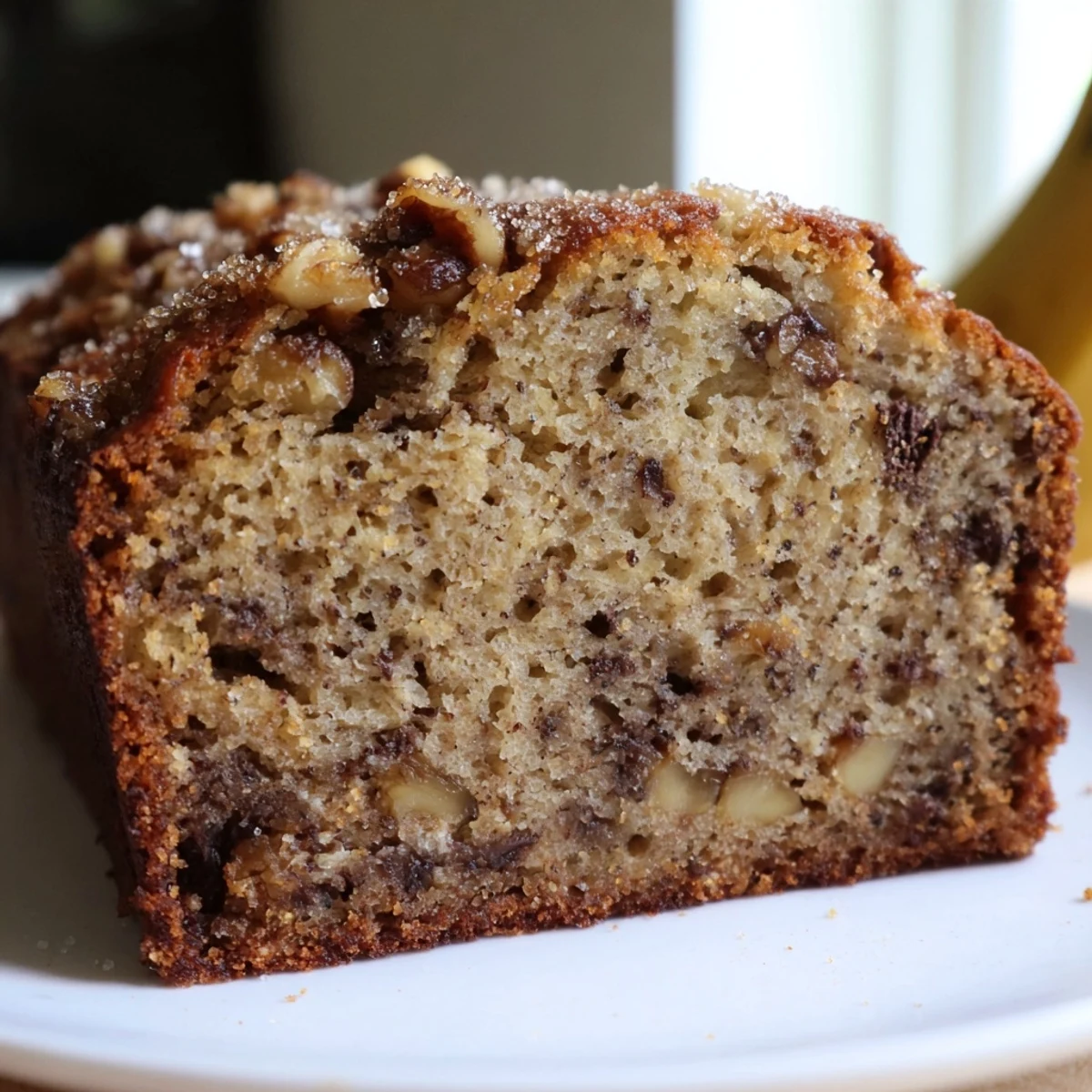Golden slice of super moist banana bread with visible banana flecks on rustic cutting board