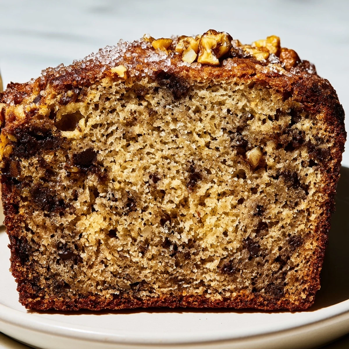 Thick slice of super moist banana bread served alongside fresh bananas and melted butter