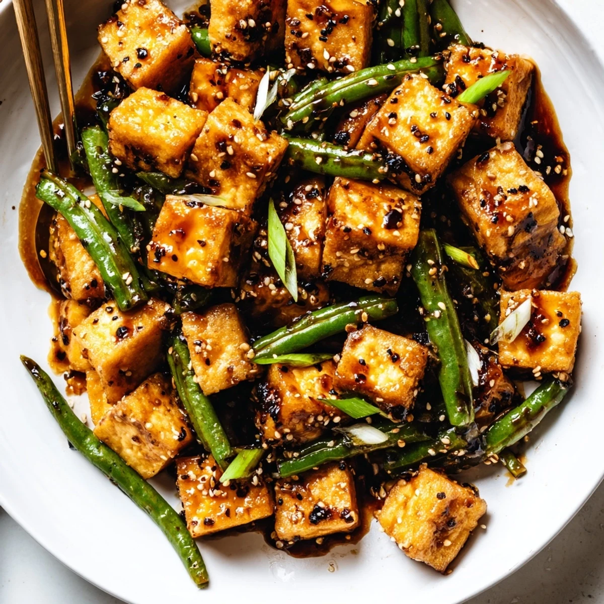 Golden crispy black pepper tofu and green beans served over steamed rice