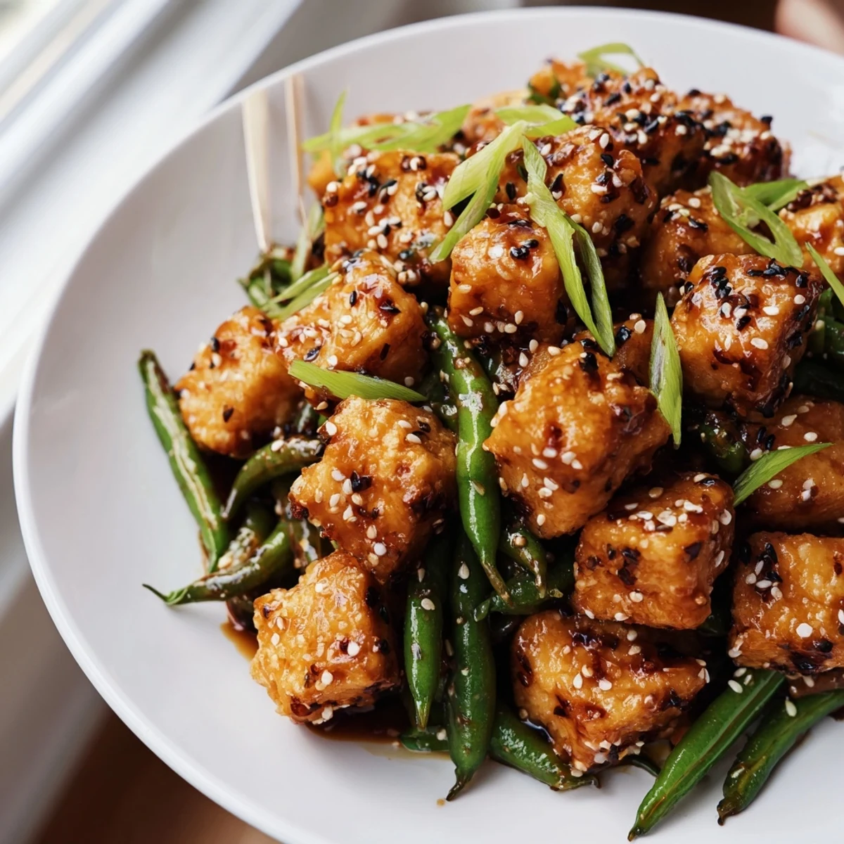 Vibrant vegan black pepper tofu dinner with tender green beans and scallions