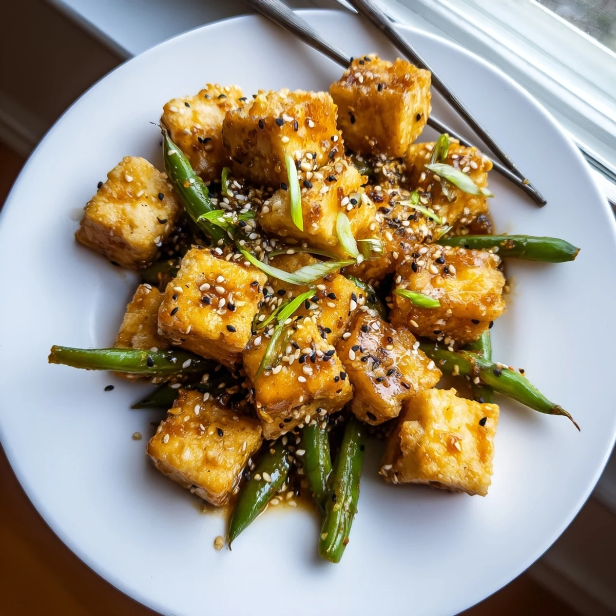 Wok-fried black pepper tofu tossed with crisp green beans in a glossy sauce