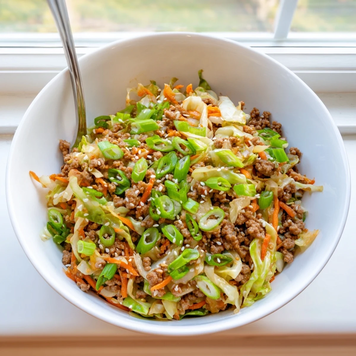 Sizzling keto egg roll in a bowl topped with sesame seeds and green onions