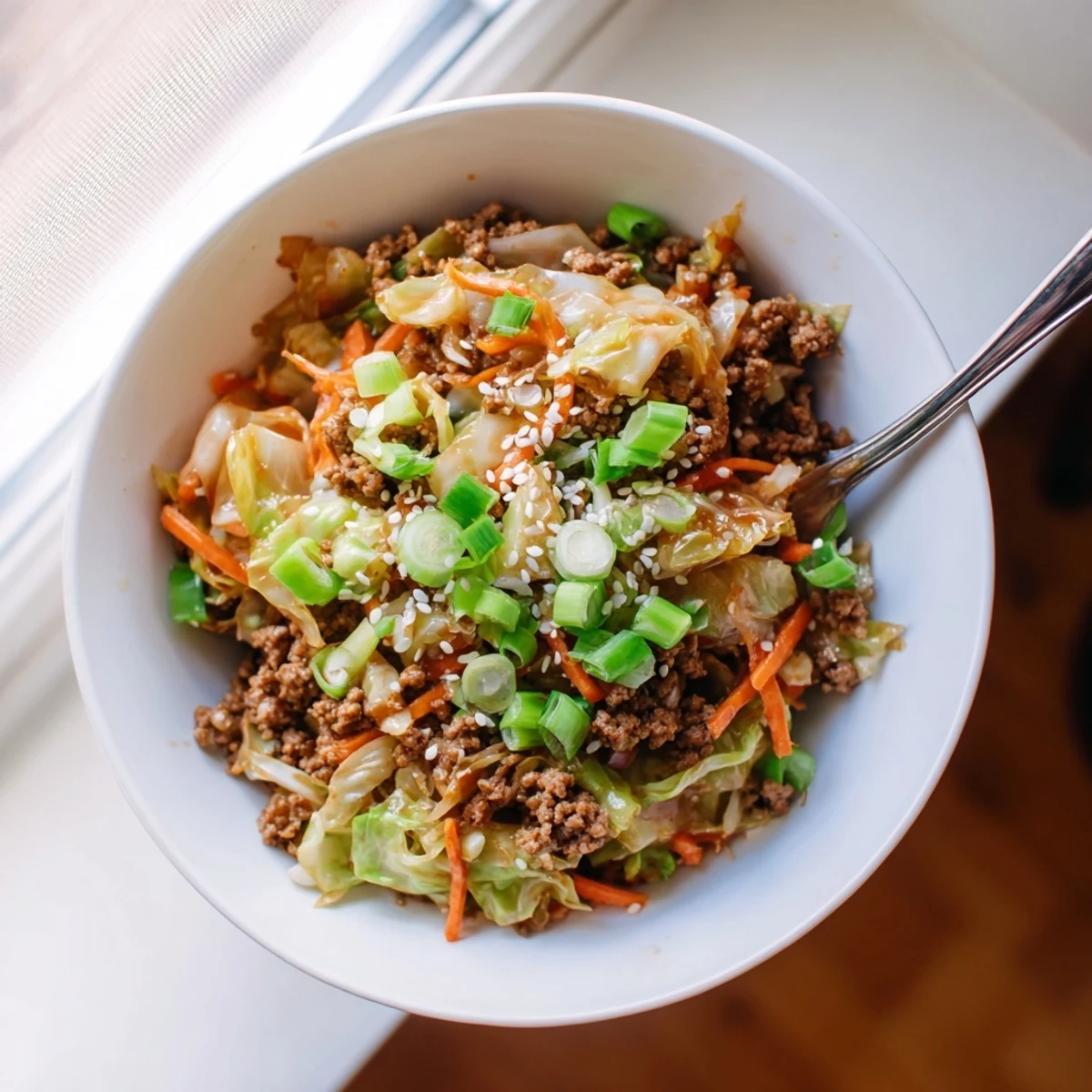 Steamy keto egg roll in a bowl with shredded carrots and savory Asian sauce