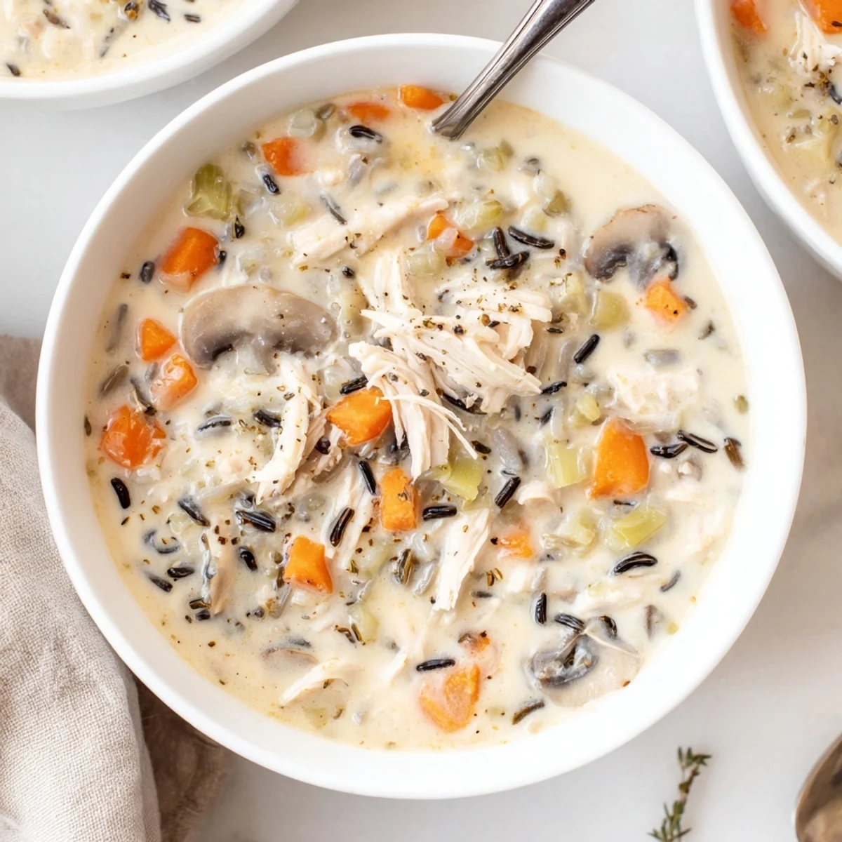 Steaming bowl of creamy slow cooker chicken mushroom wild rice soup with shredded chicken