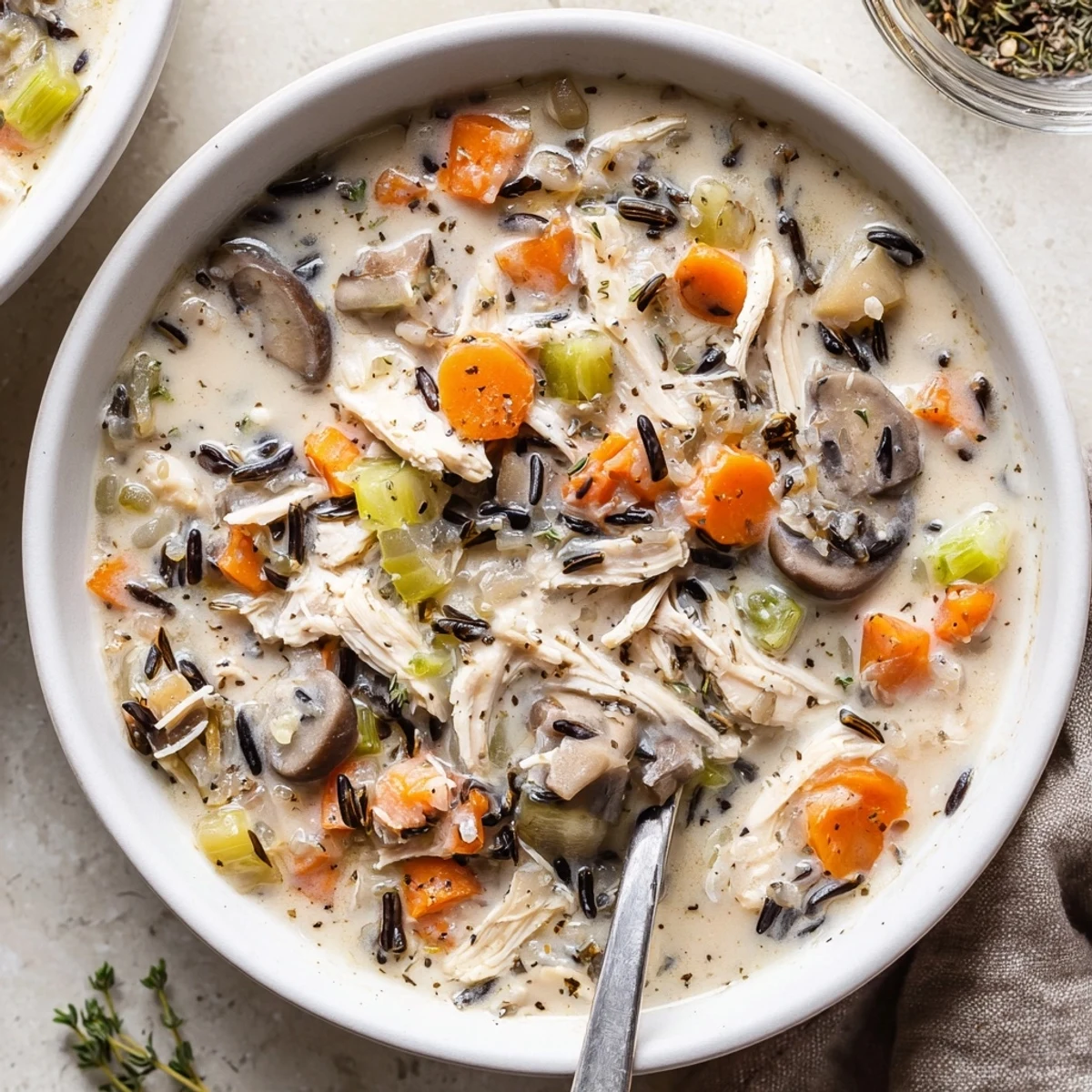 Thick creamy slow cooker chicken mushroom wild rice soup topped with crusty bread