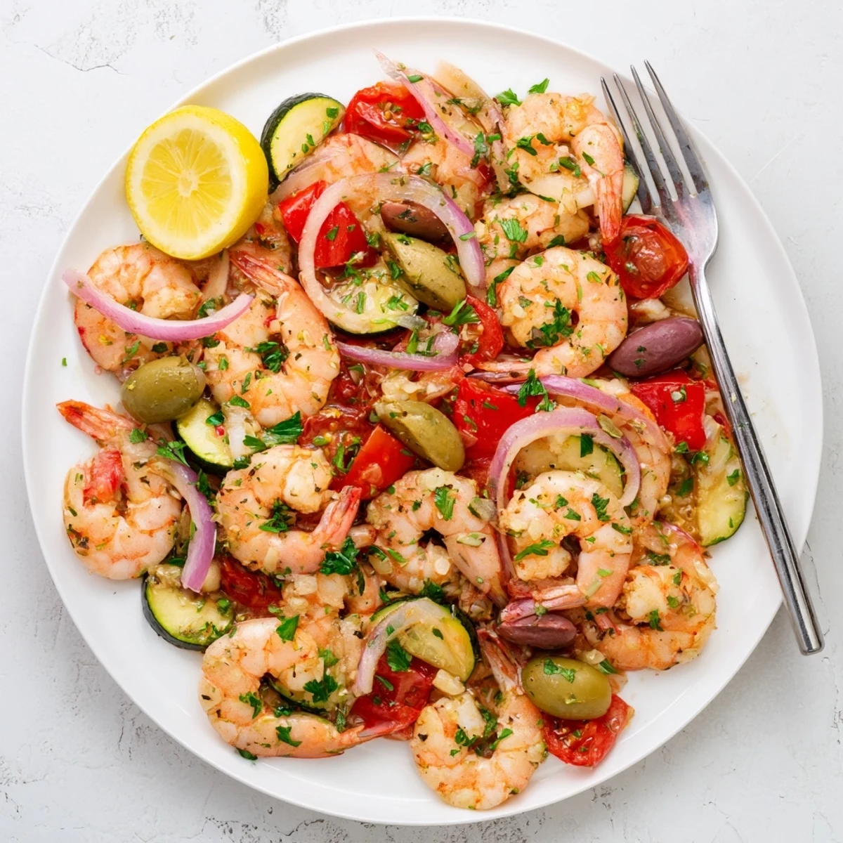 Golden seared shrimp in a vibrant Mediterranean Shrimp Skillet served with lemon wedges.