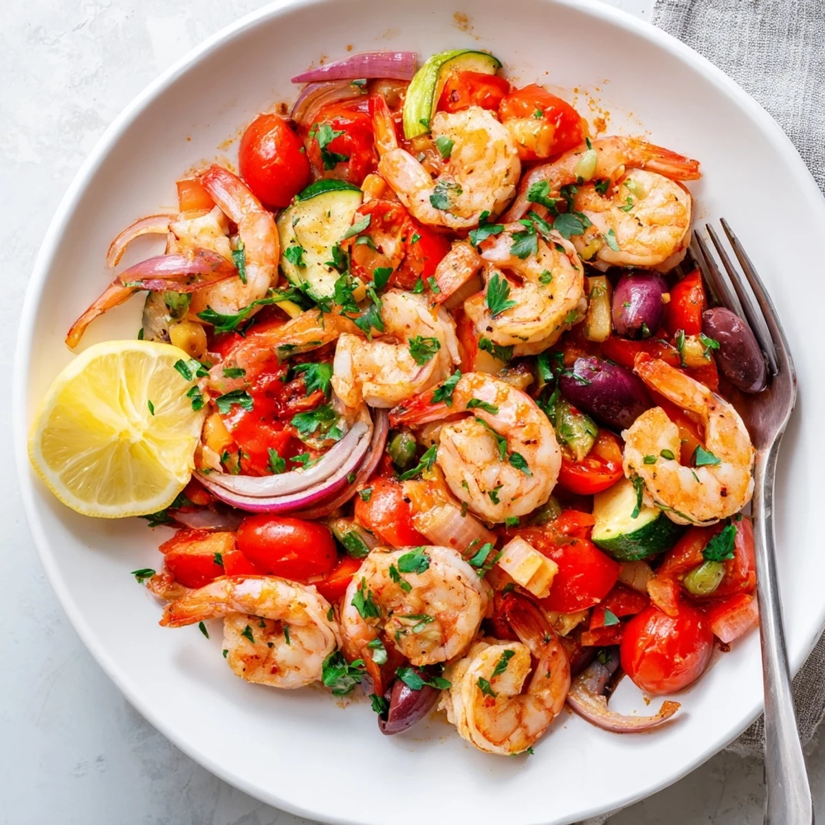 Juicy pink shrimp nestled in a tomato-olive Mediterranean Shrimp Skillet with fresh parsley.