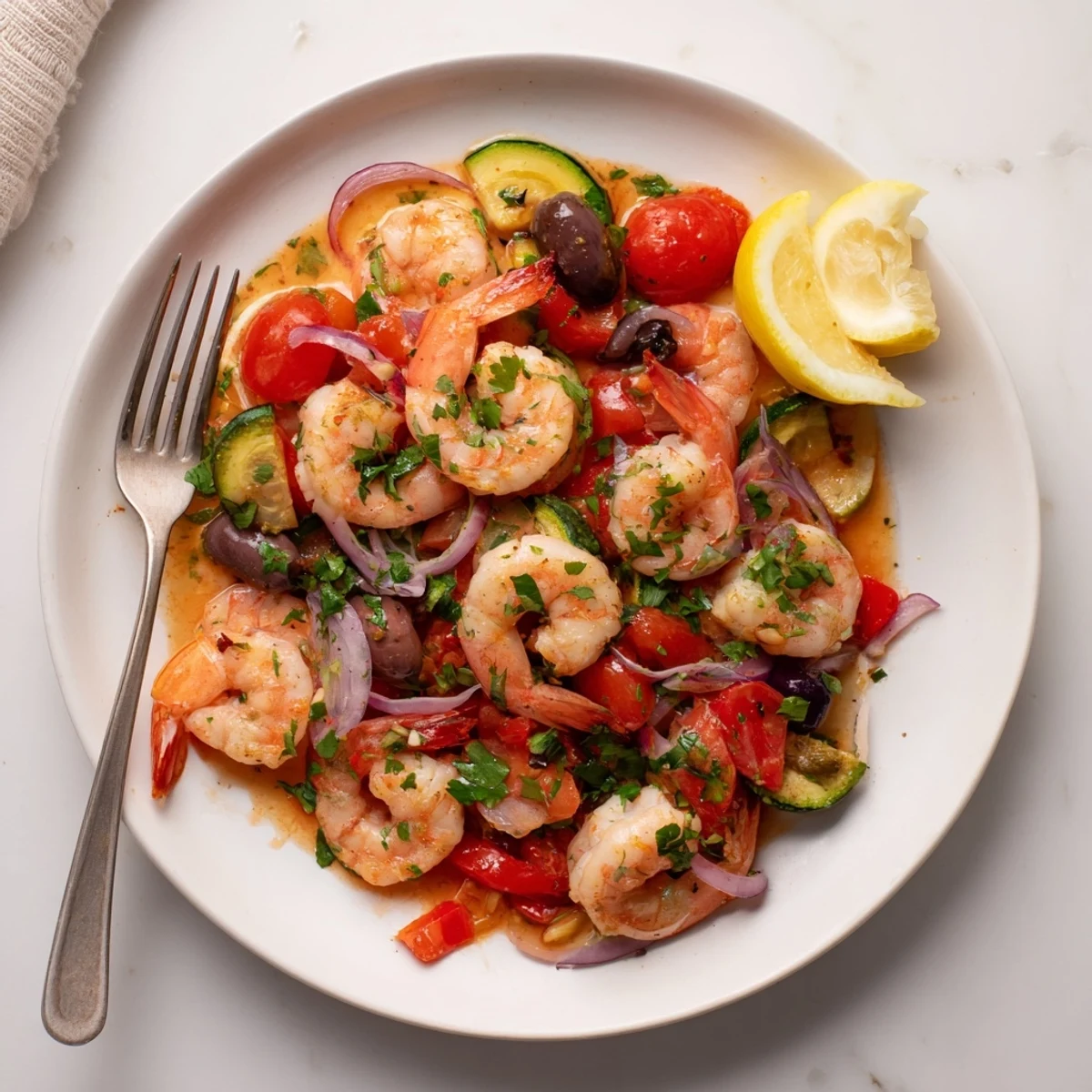 One-pan Mediterranean Shrimp Skillet bubbling with cherry tomatoes, Kalamata olives, and zucchini.