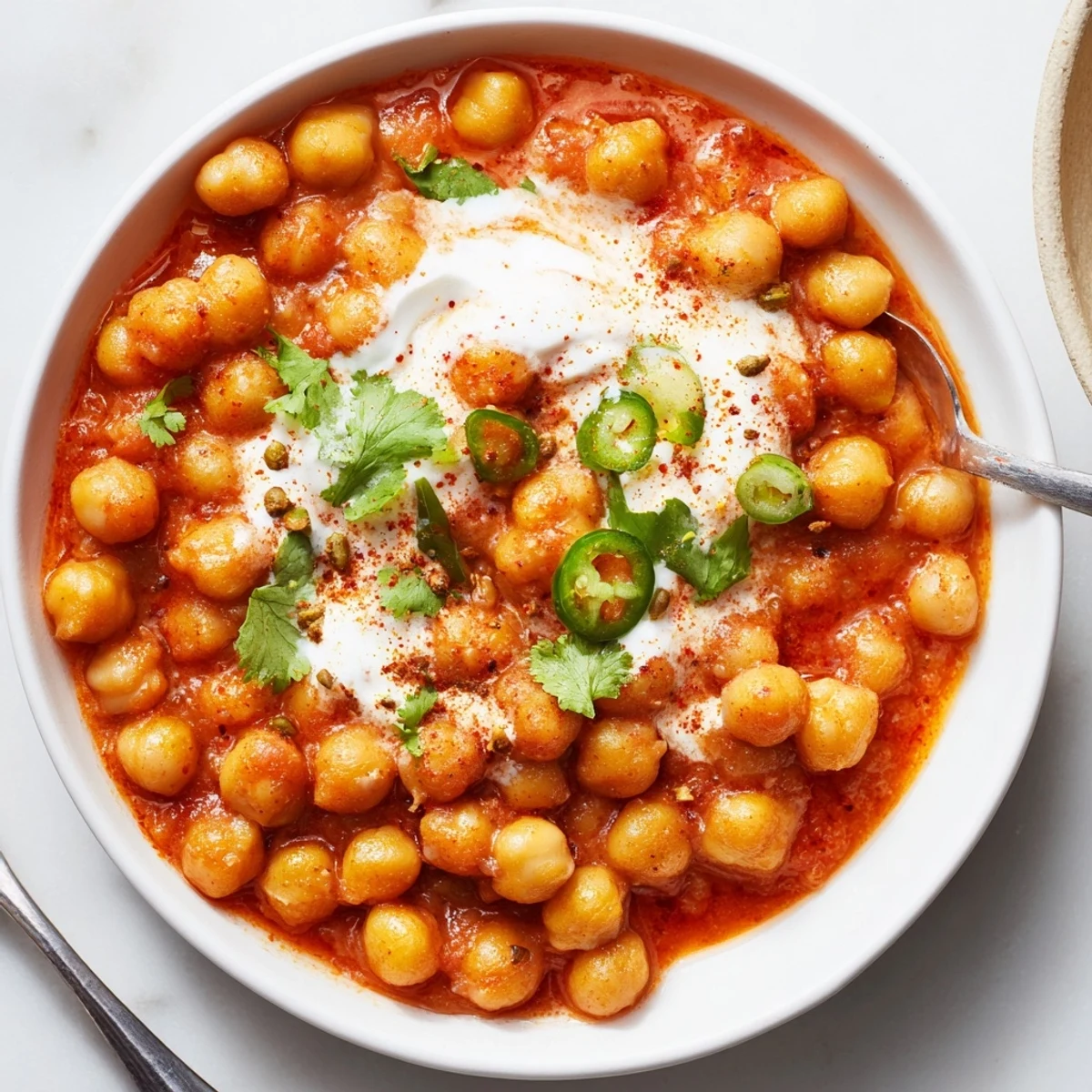 Tangy Greek Yogurt Chickpea Curry served with warm naan, steam rising.