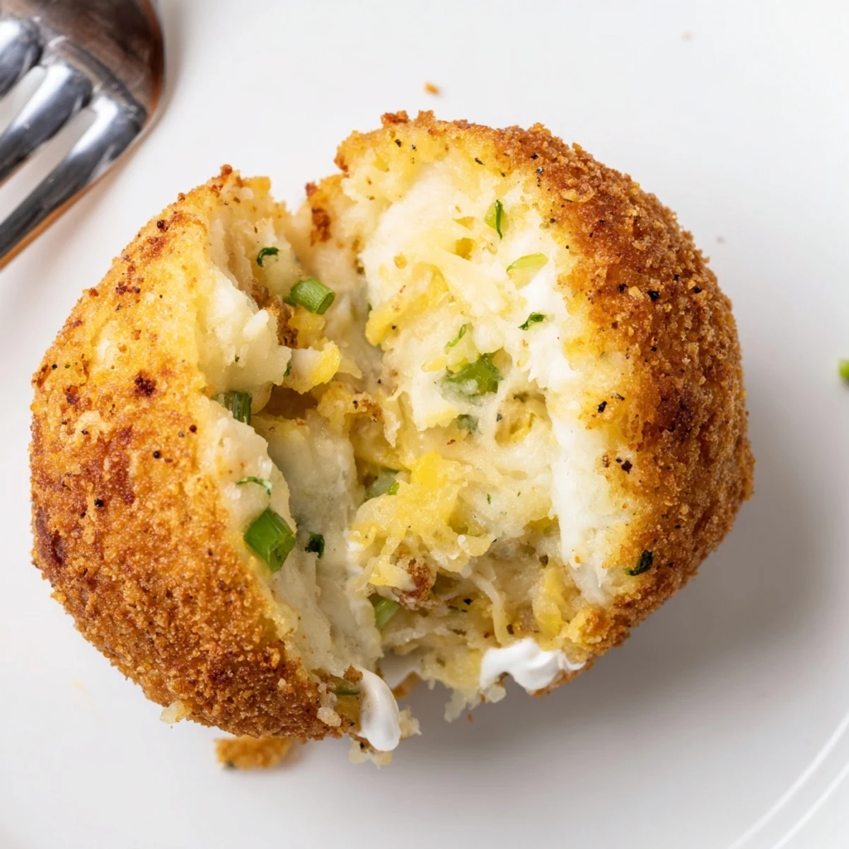 Two Fried Mashed Potato Balls split open, creamy cheddar center oozing
