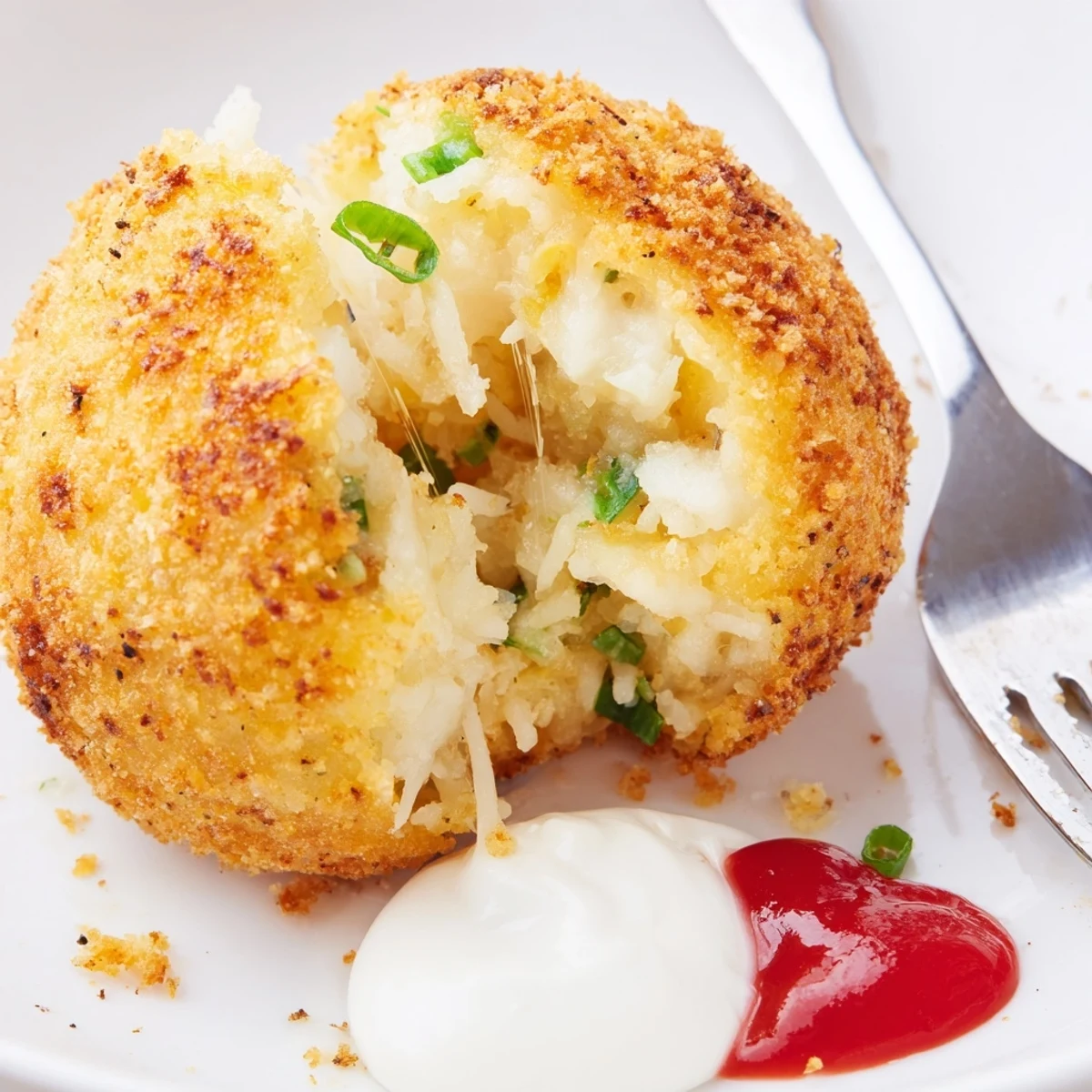 Crispy golden Fried Mashed Potato Balls piled on plate with ranch