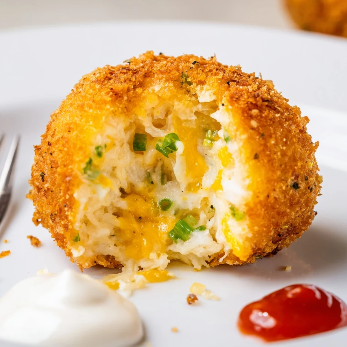 Tray of Fried Mashed Potato Balls next to bowl of spicy ketchup