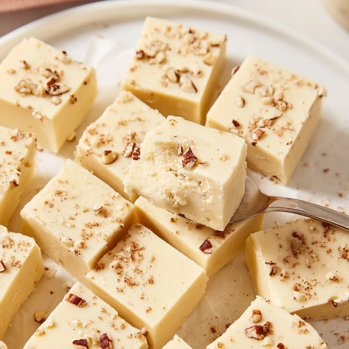 Creamy Eggnog Fudge squares dusted with nutmeg, chilling on parchment  