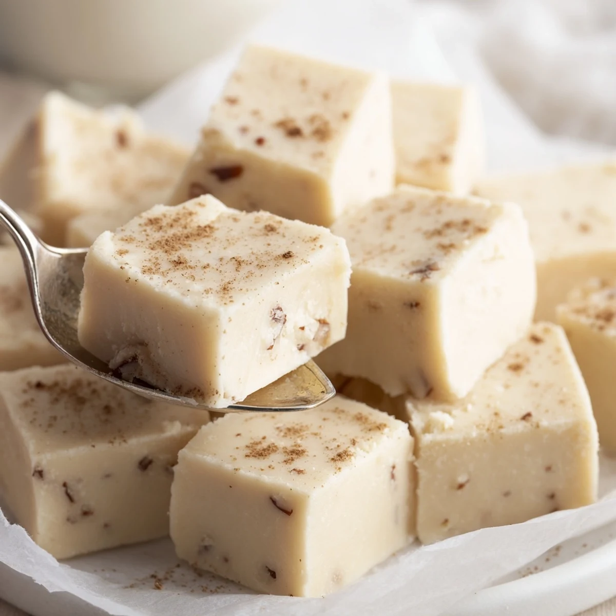 Rich Eggnog Fudge cut into bite sized pieces, garnished with grated nutmeg  