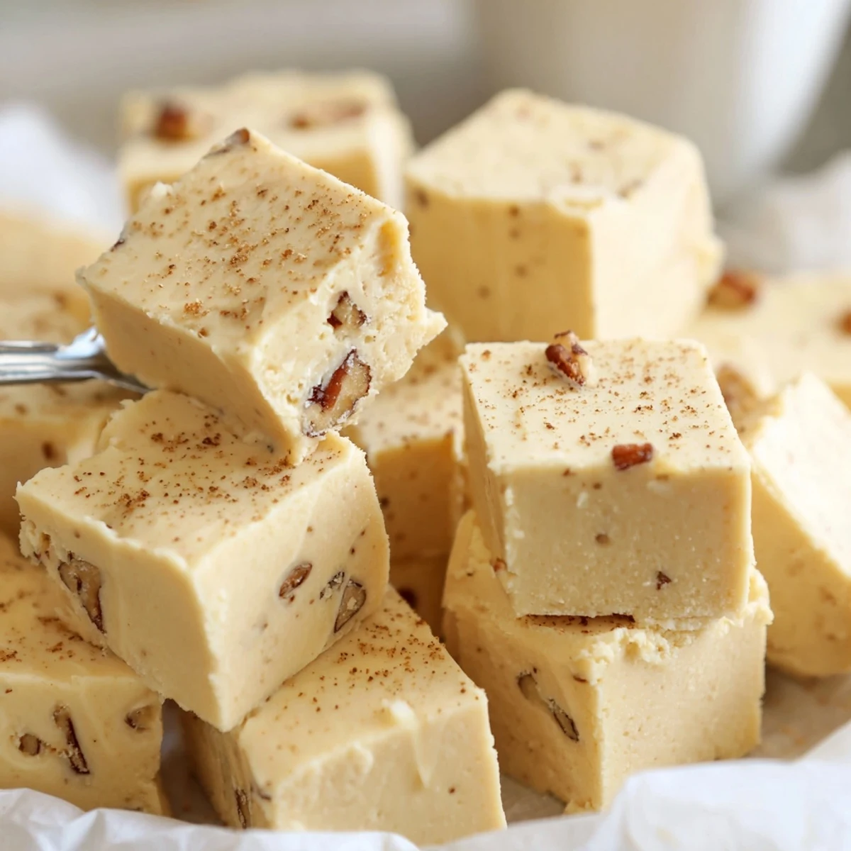 Velvety Eggnog Fudge displayed on a festive platter, perfect for holiday gifting