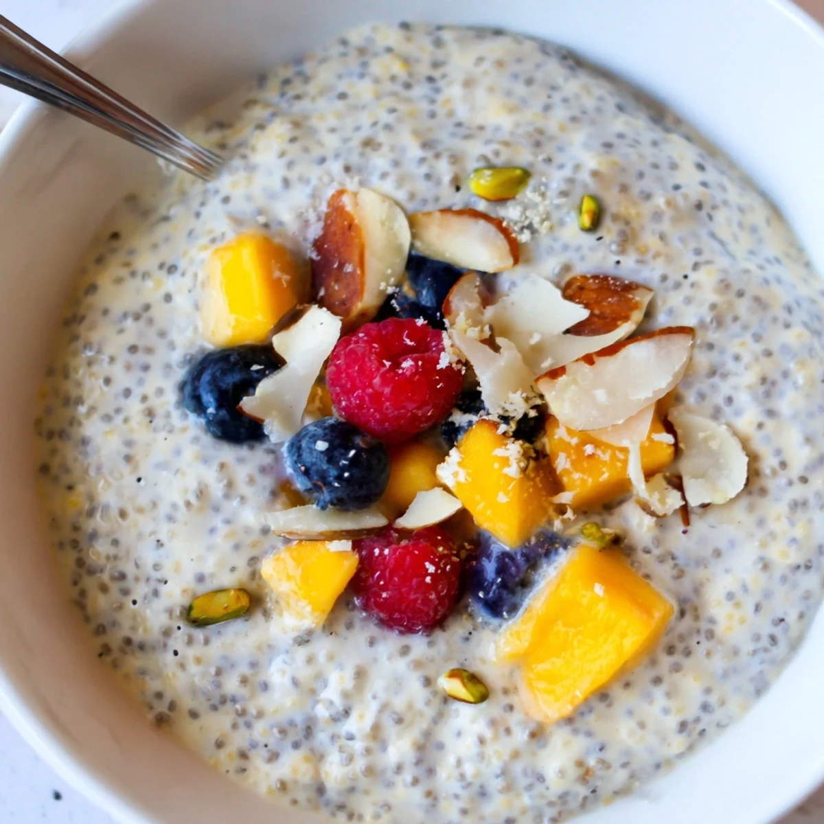 Creamy Coconut Chia Pudding topped with mango and toasted coconut flakes