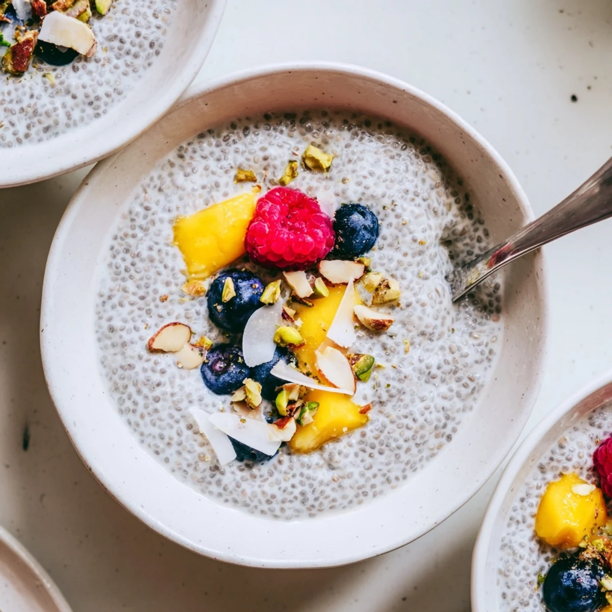Silky Coconut Chia Pudding spoon reveals speckled seeds, vanilla aroma, fruity topping