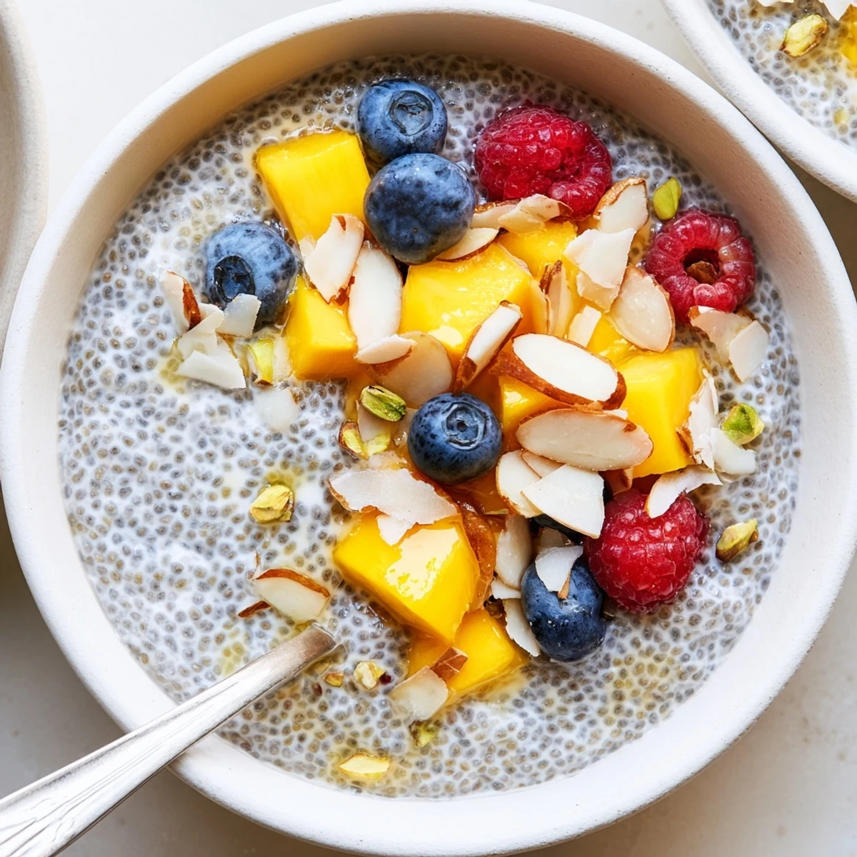 Chilled Coconut Chia Pudding in glass jar garnished with berries, chopped pistachios
