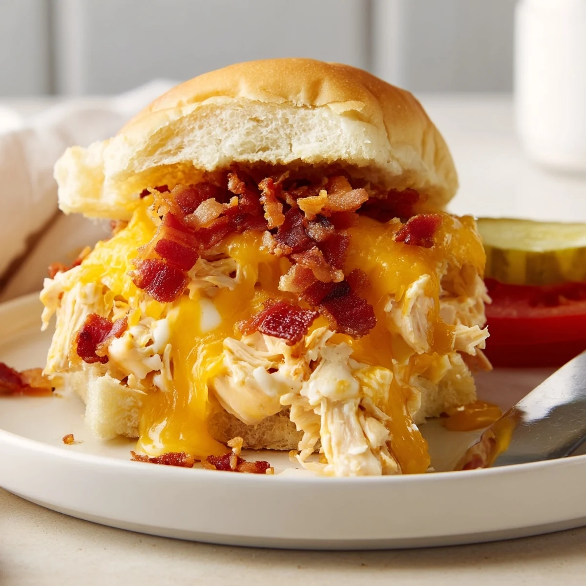 Warm Crack Chicken Sandwiches spooned with creamy ranch mixture, crisp pickles optional