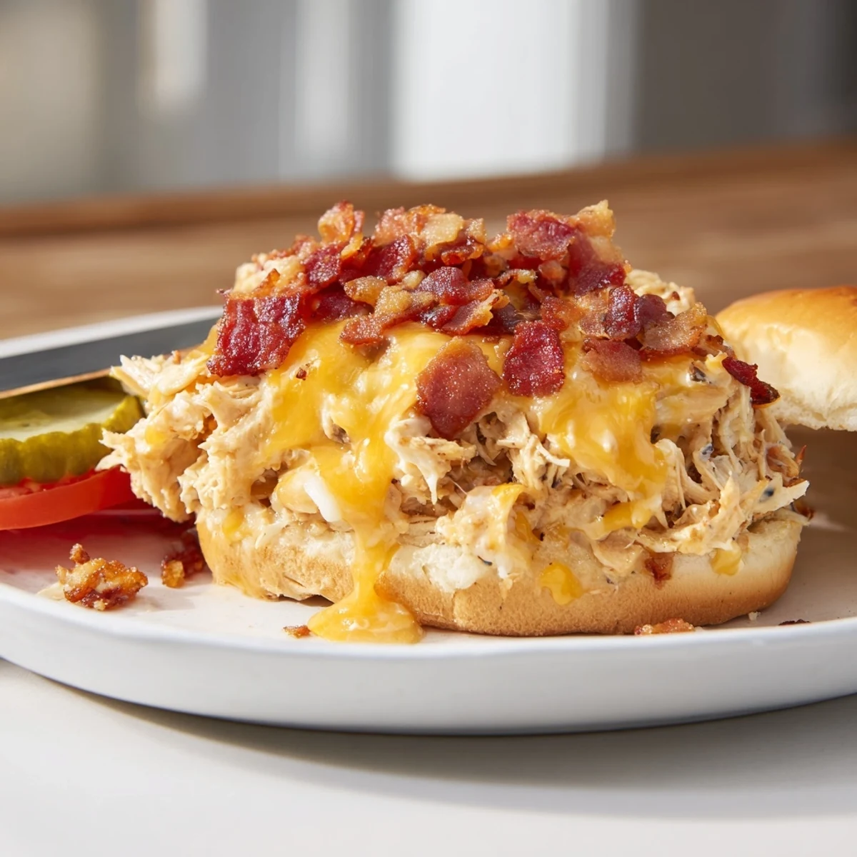 Crack Chicken Sandwiches piled hot on brioche, gooey cheese and bacon